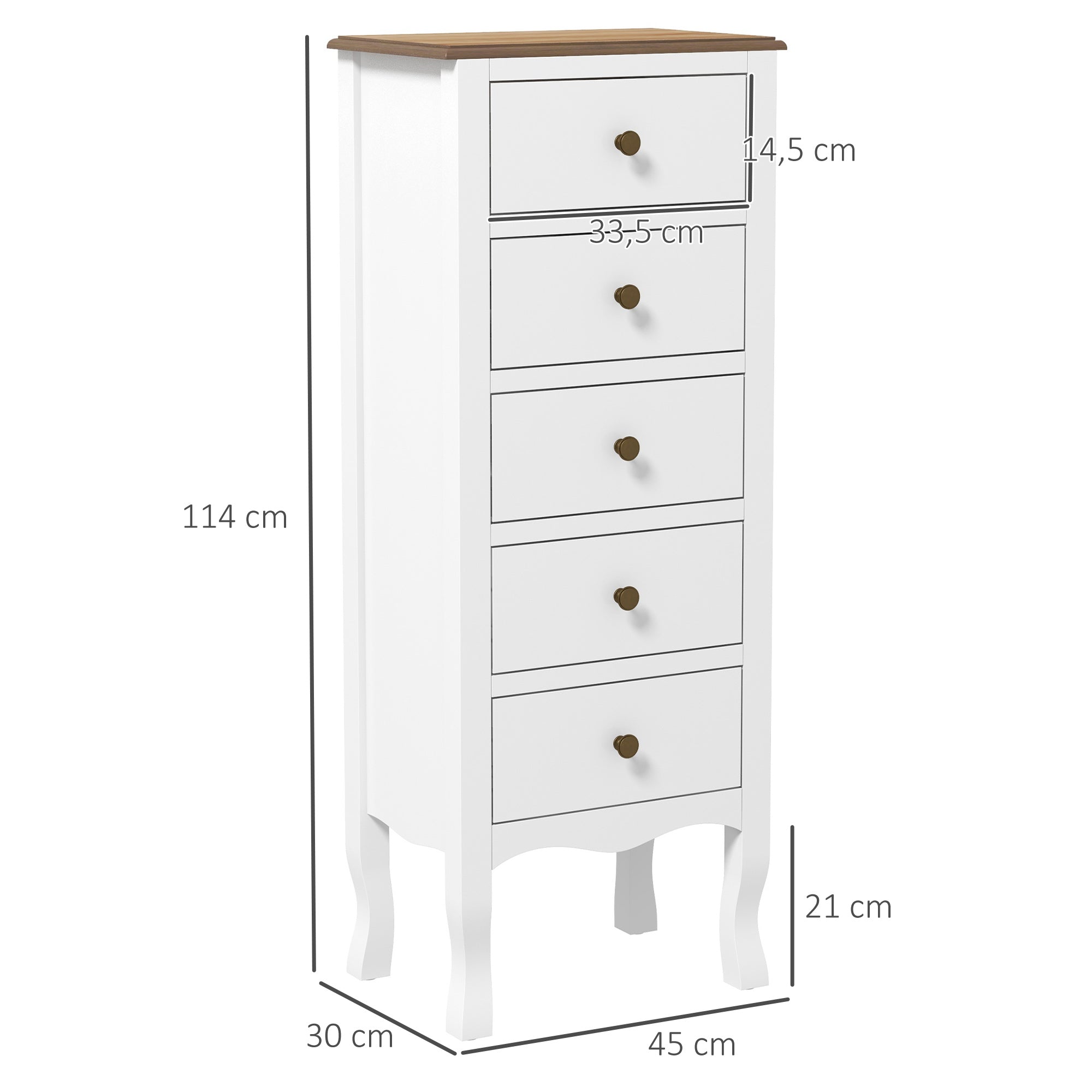 5-Drawer Chest of Drawers Compact Storage Unit White with Brass Effect Button Handle, for Bedroom, Entryway, Living Room, dim. 45L x 30W x 114H cm