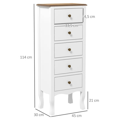 5-Drawer Chest of Drawers Compact Storage Unit White with Brass Effect Button Handle, for Bedroom, Entryway, Living Room, dim. 45L x 30W x 114H cm