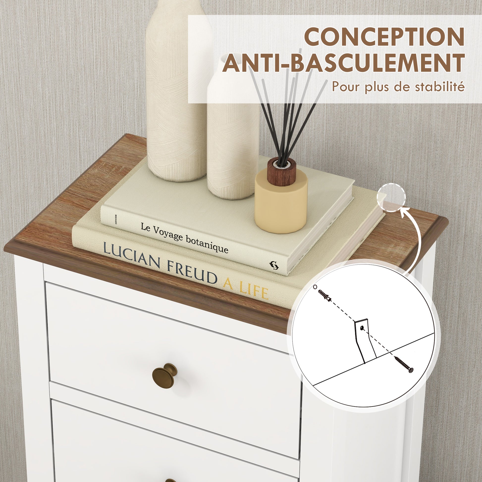 5-Drawer Chest of Drawers Compact Storage Unit White with Brass Effect Button Handle, for Bedroom, Entryway, Living Room, dim. 45L x 30W x 114H cm