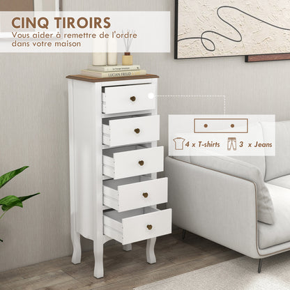 5-Drawer Chest of Drawers Compact Storage Unit White with Brass Effect Button Handle, for Bedroom, Entryway, Living Room, dim. 45L x 30W x 114H cm