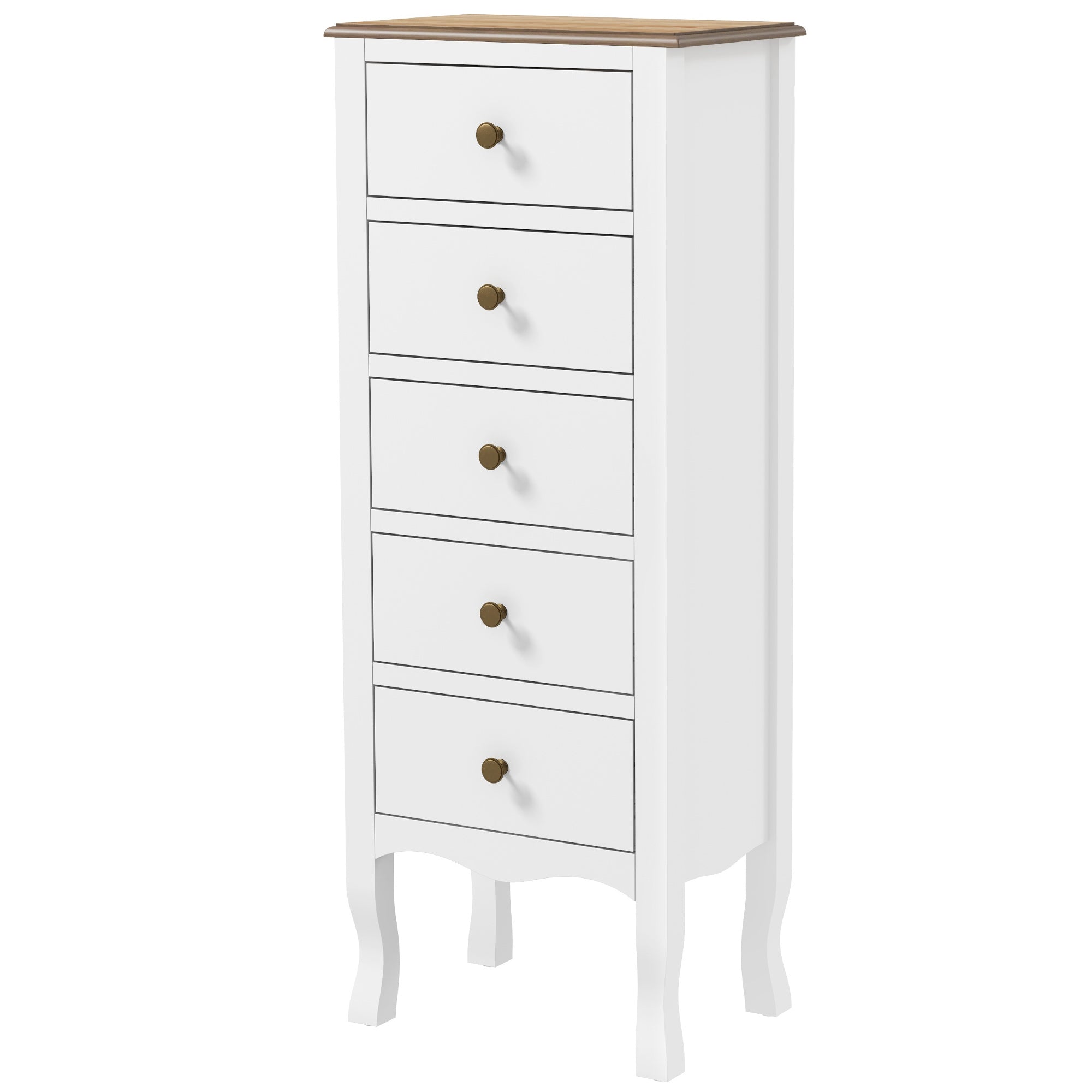 5-Drawer Chest of Drawers Compact Storage Unit White with Brass Effect Button Handle, for Bedroom, Entryway, Living Room, dim. 45L x 30W x 114H cm