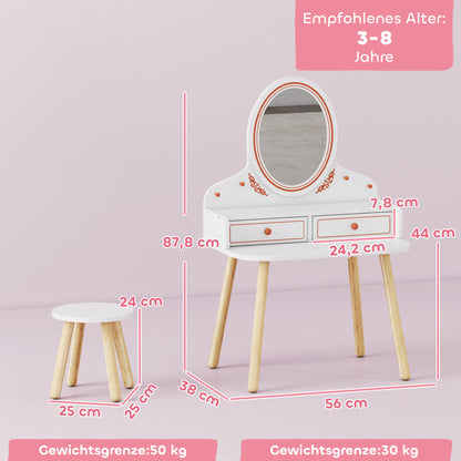 Kids Vanity Set with Stool & Mirror — Makeup Table with Drawers & Hanging Rods for Girls, Ages 3–8 — White