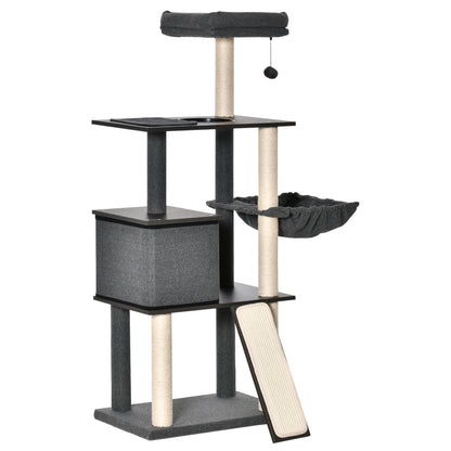 Scratching Post Tree for Adult Cats and Kittens, 146cm, Sisal Posts, Platforms, House, Bed, and Washable Cushions, Dark Gray