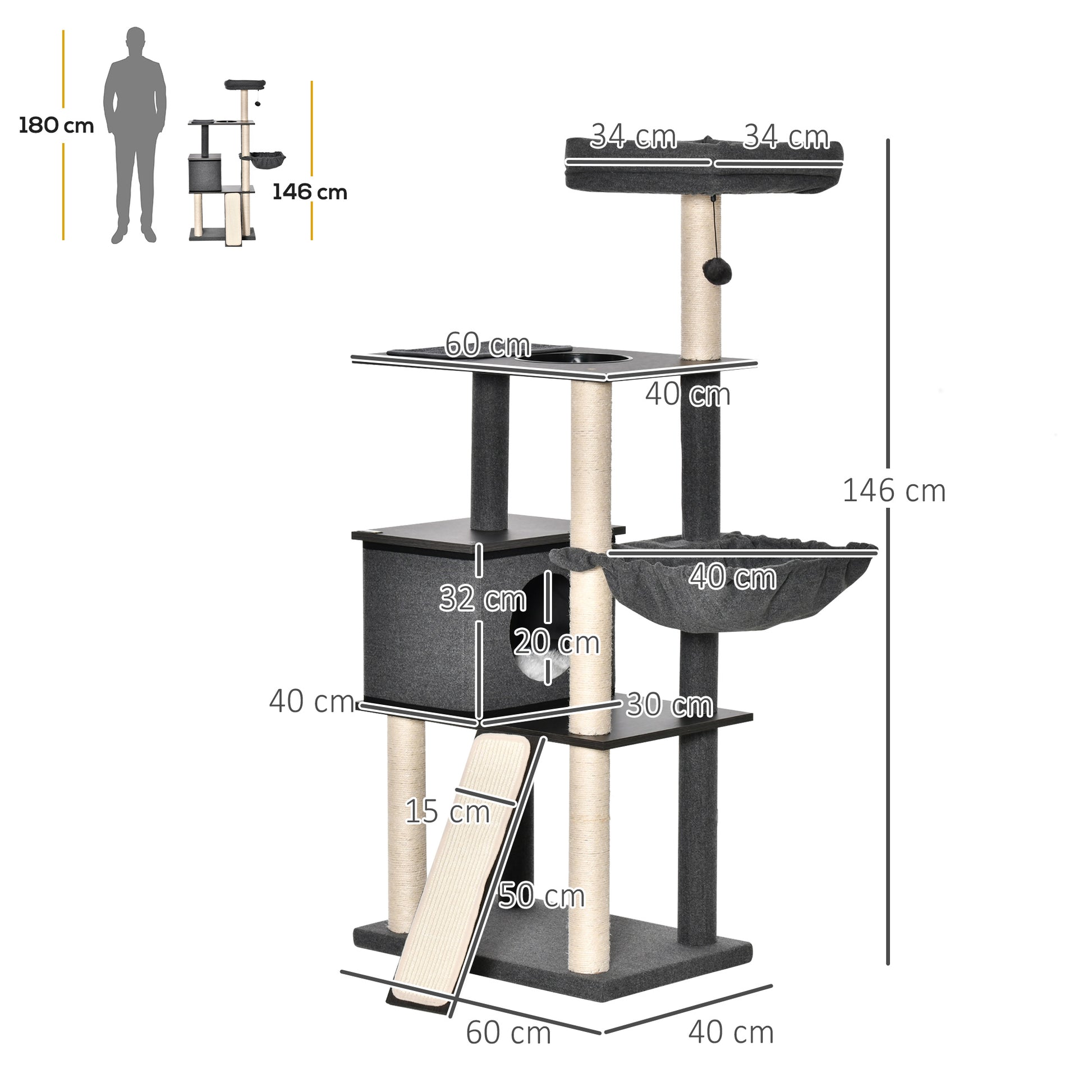 Scratching Post Tree for Adult Cats and Kittens, 146cm, Sisal Posts, Platforms, House, Bed, and Washable Cushions, Dark Gray