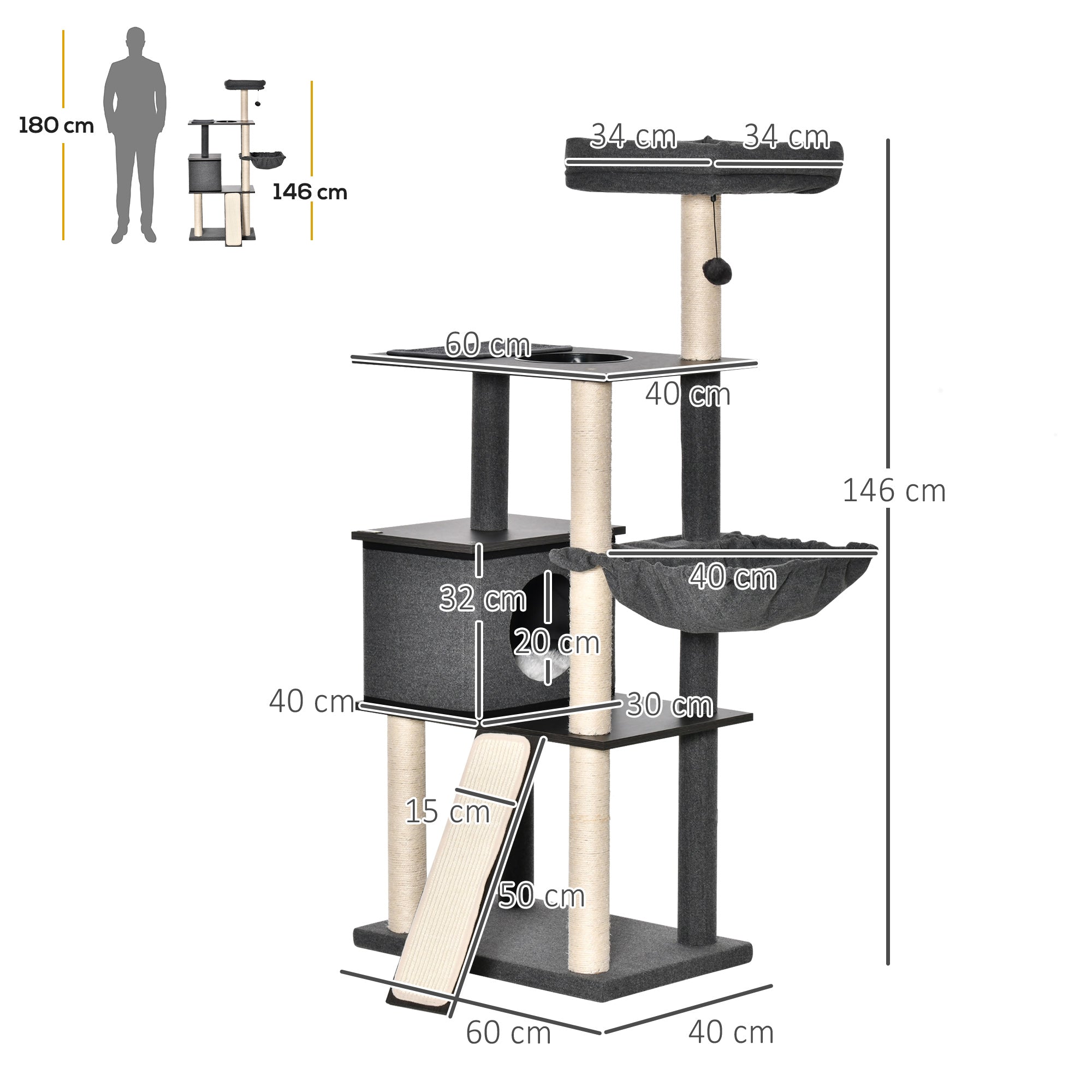 Scratching Post Tree for Adult Cats and Kittens, 146cm, Sisal Posts, Platforms, House, Bed, and Washable Cushions, Dark Gray