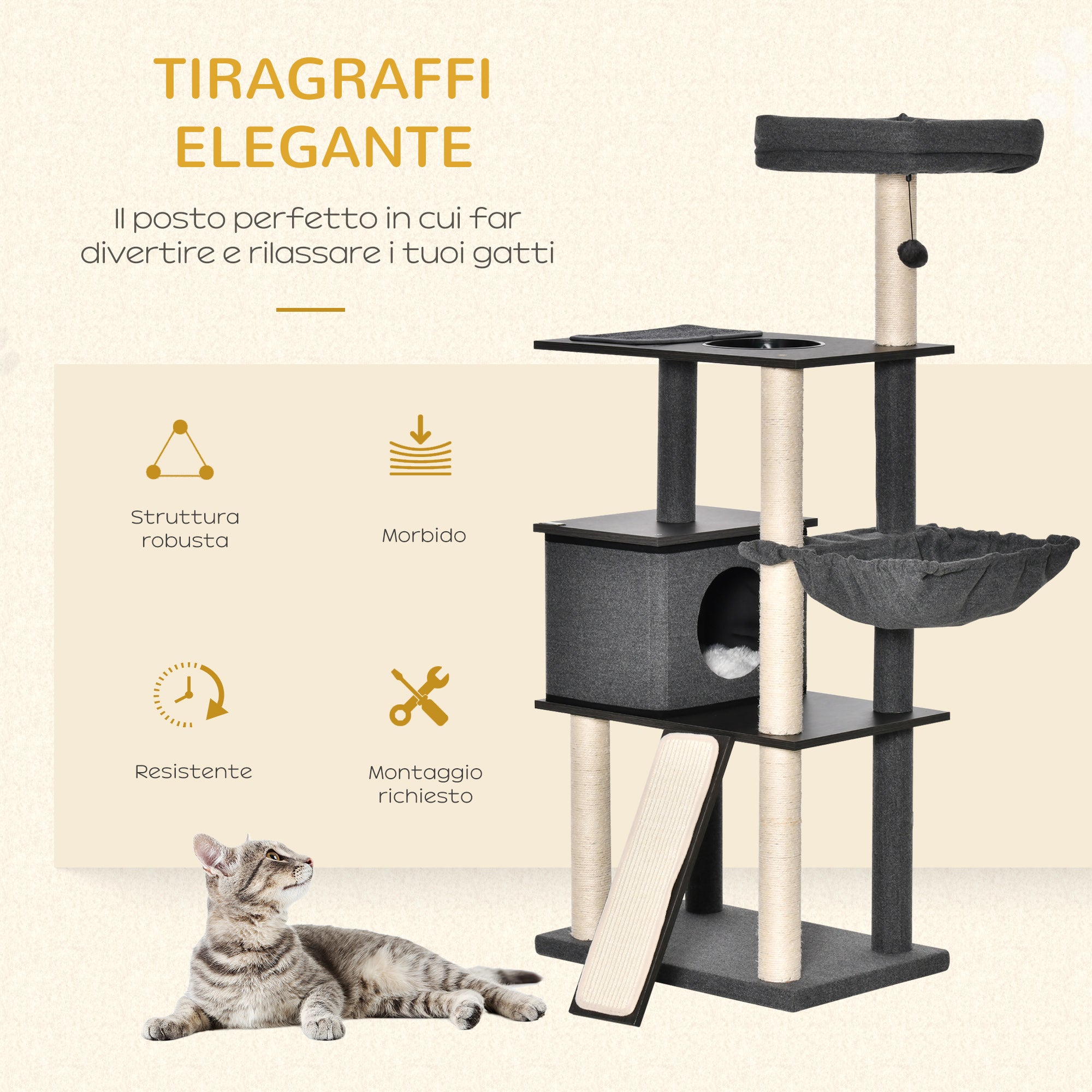 Scratching Post Tree for Adult Cats and Kittens, 146cm, Sisal Posts, Platforms, House, Bed, and Washable Cushions, Dark Gray