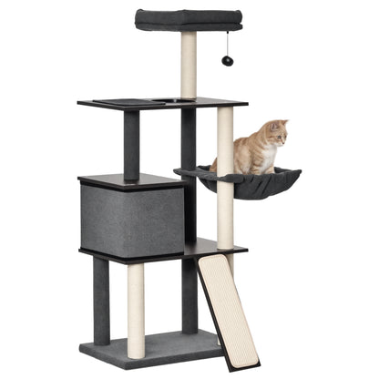 Scratching Post Tree for Adult Cats and Kittens, 146cm, Sisal Posts, Platforms, House, Bed, and Washable Cushions, Dark Gray