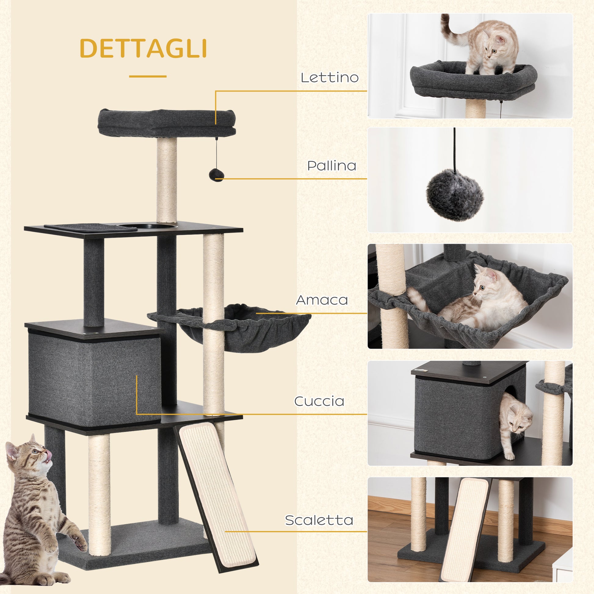 Scratching Post Tree for Adult Cats and Kittens, 146cm, Sisal Posts, Platforms, House, Bed, and Washable Cushions, Dark Gray