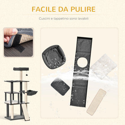 Scratching Post Tree for Adult Cats and Kittens, 146cm, Sisal Posts, Platforms, House, Bed, and Washable Cushions, Dark Gray