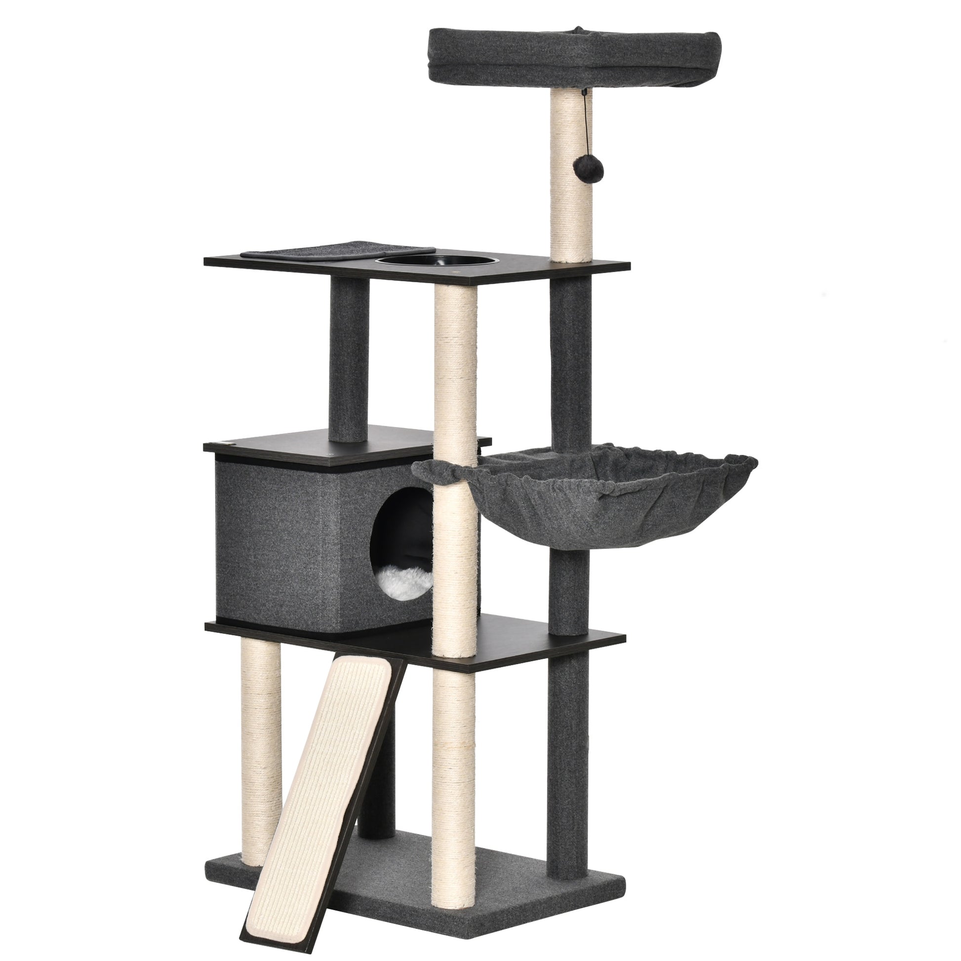 Scratching Post Tree for Adult Cats and Kittens, 146cm, Sisal Posts, Platforms, House, Bed, and Washable Cushions, Dark Gray