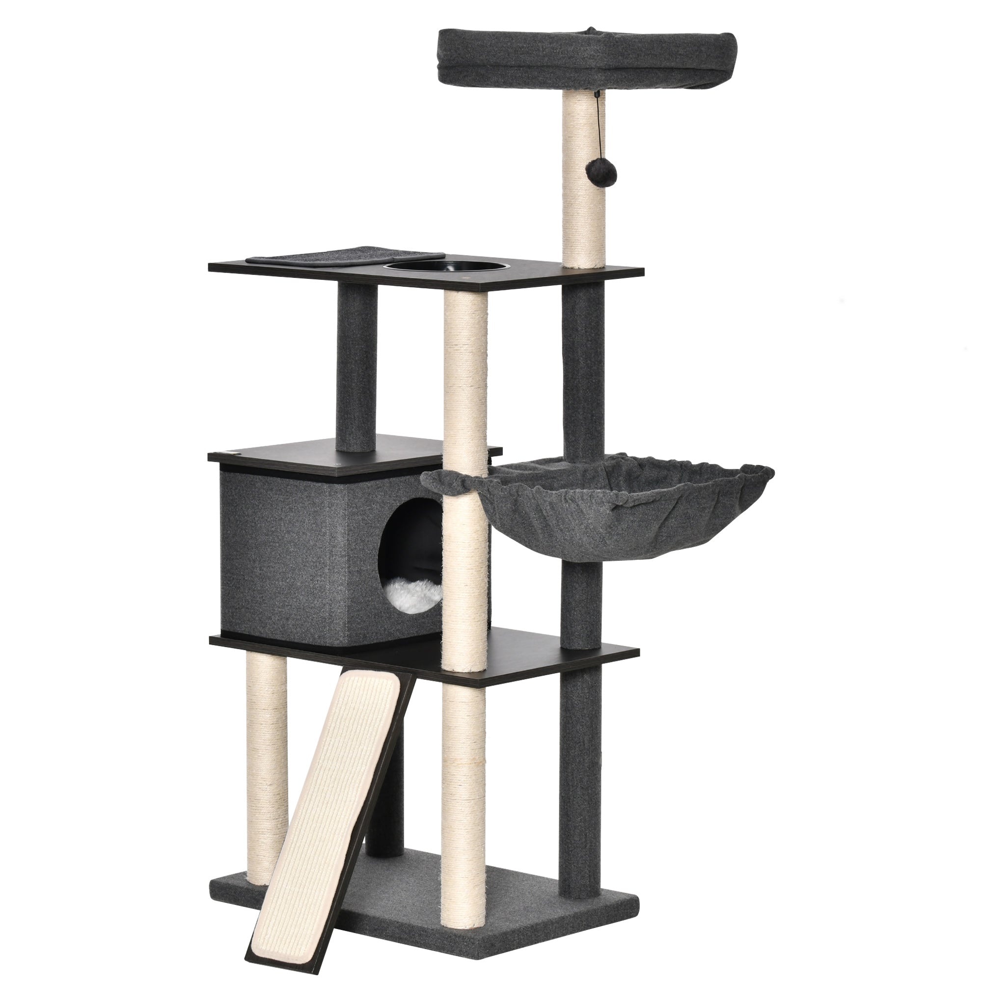 Scratching Post Tree for Adult Cats and Kittens, 146cm, Sisal Posts, Platforms, House, Bed, and Washable Cushions, Dark Gray