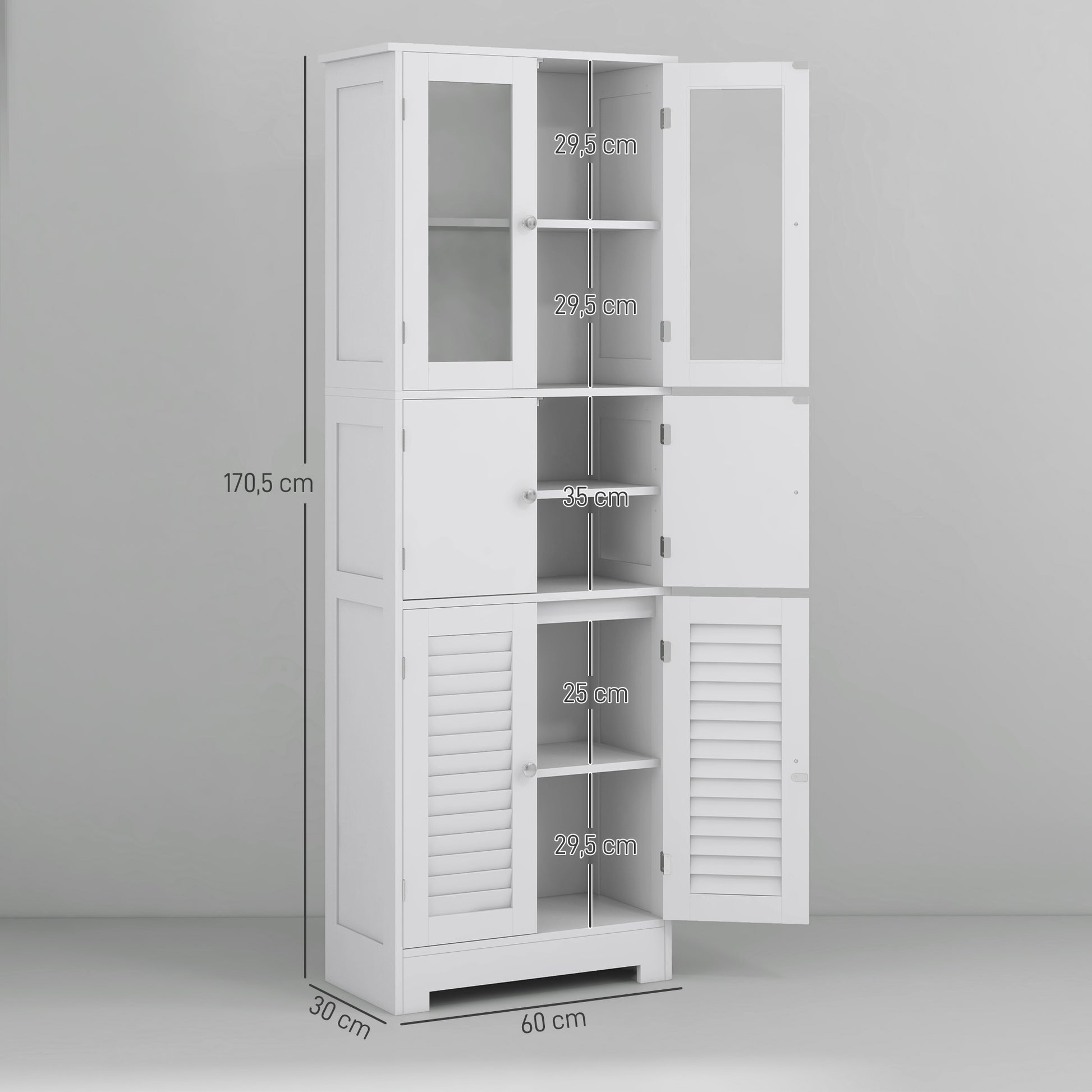 Bathroom Column Auxiliary Bathroom Furniture with 6 Doors Adjustable Shelves Anti-tip Modern Bathroom Cabinet 60x30x170.5 cm White