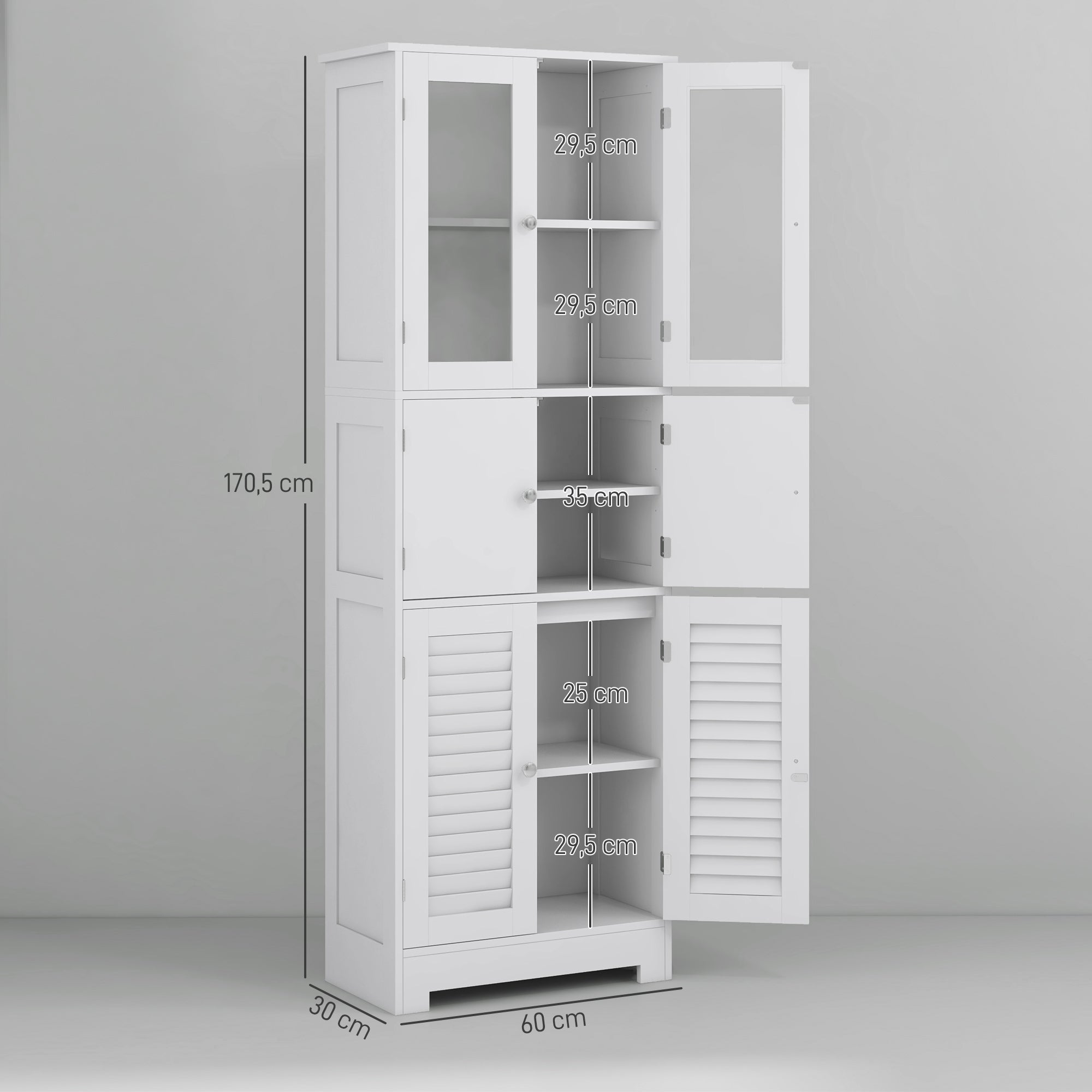 Bathroom Column Auxiliary Bathroom Furniture with 6 Doors Adjustable Shelves Anti-tip Modern Bathroom Cabinet 60x30x170.5 cm White