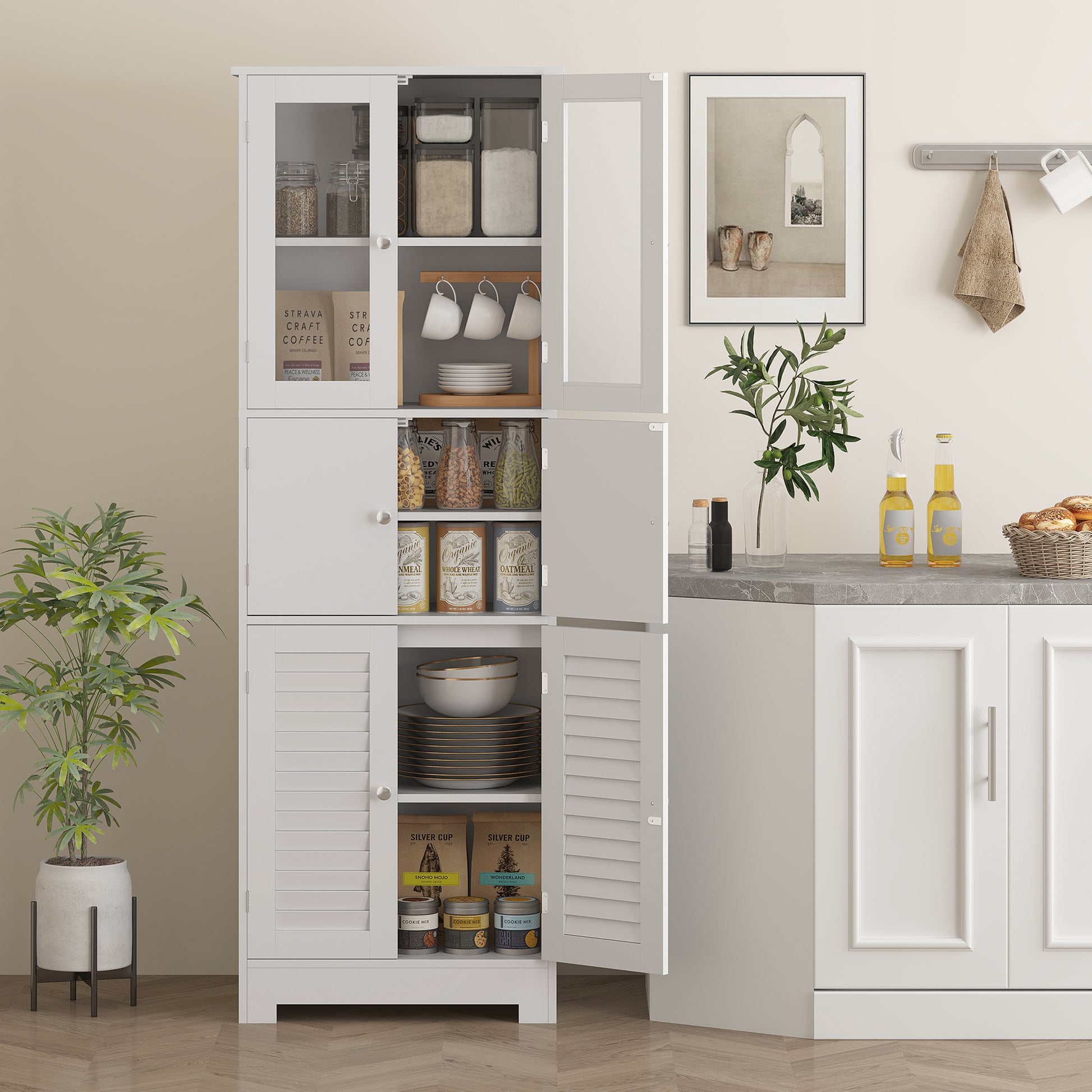Bathroom Column Auxiliary Bathroom Furniture with 6 Doors Adjustable Shelves Anti-tip Modern Bathroom Cabinet 60x30x170.5 cm White