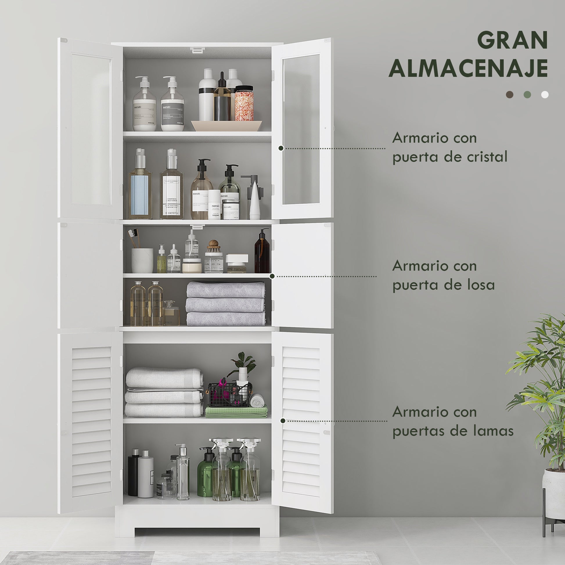 Bathroom Column Auxiliary Bathroom Furniture with 6 Doors Adjustable Shelves Anti-tip Modern Bathroom Cabinet 60x30x170.5 cm White