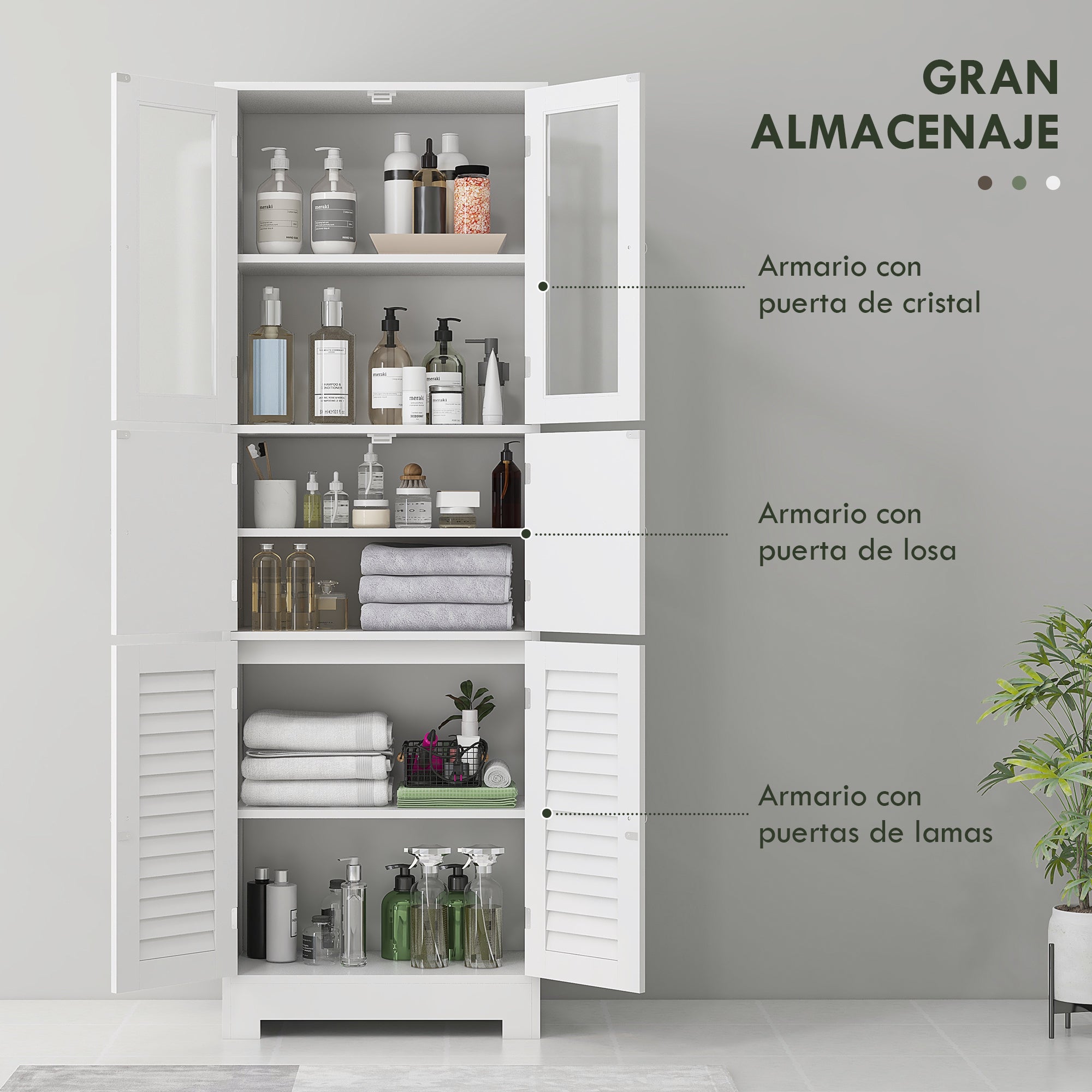 Bathroom Column Auxiliary Bathroom Furniture with 6 Doors Adjustable Shelves Anti-tip Modern Bathroom Cabinet 60x30x170.5 cm White