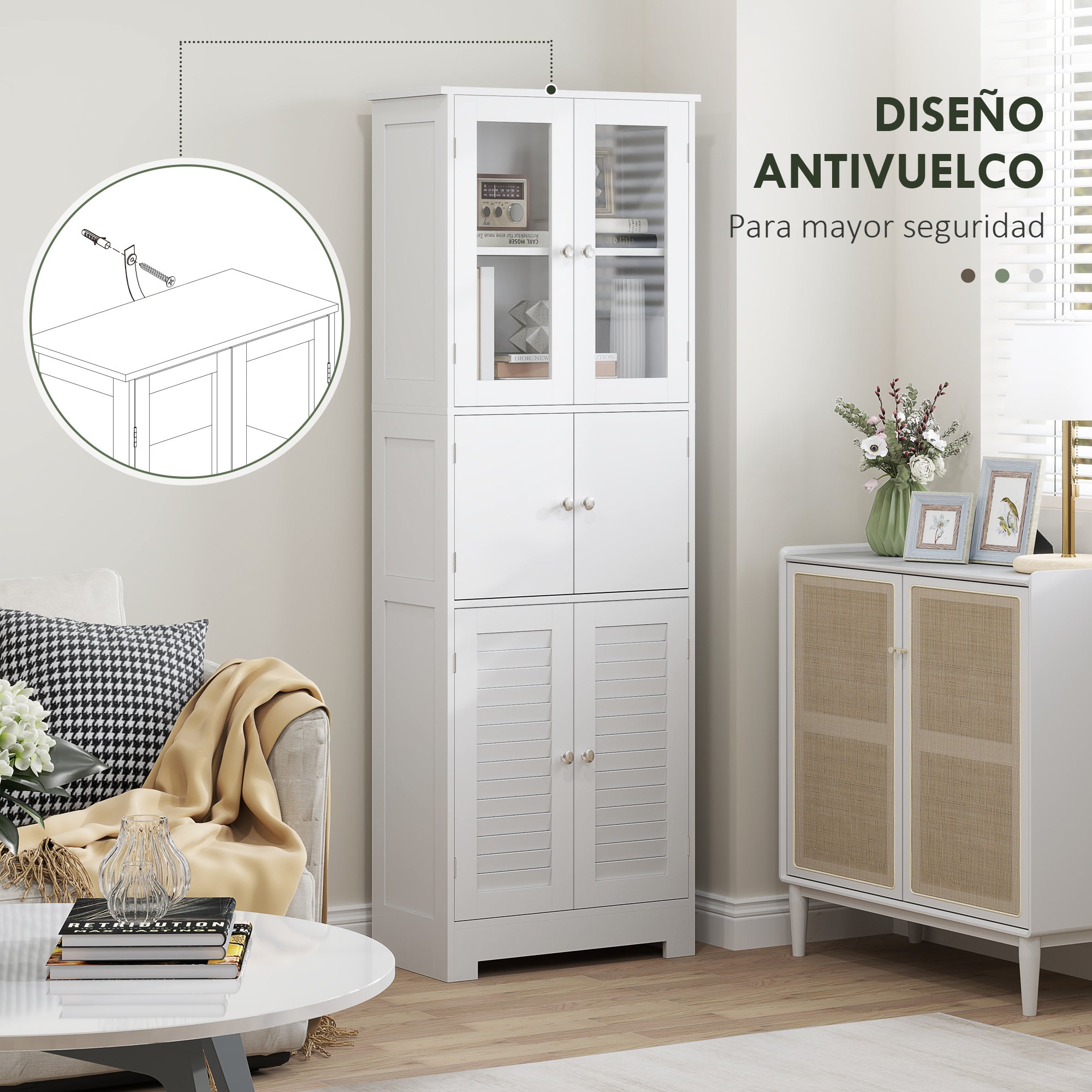 Bathroom Column Auxiliary Bathroom Furniture with 6 Doors Adjustable Shelves Anti-tip Modern Bathroom Cabinet 60x30x170.5 cm White