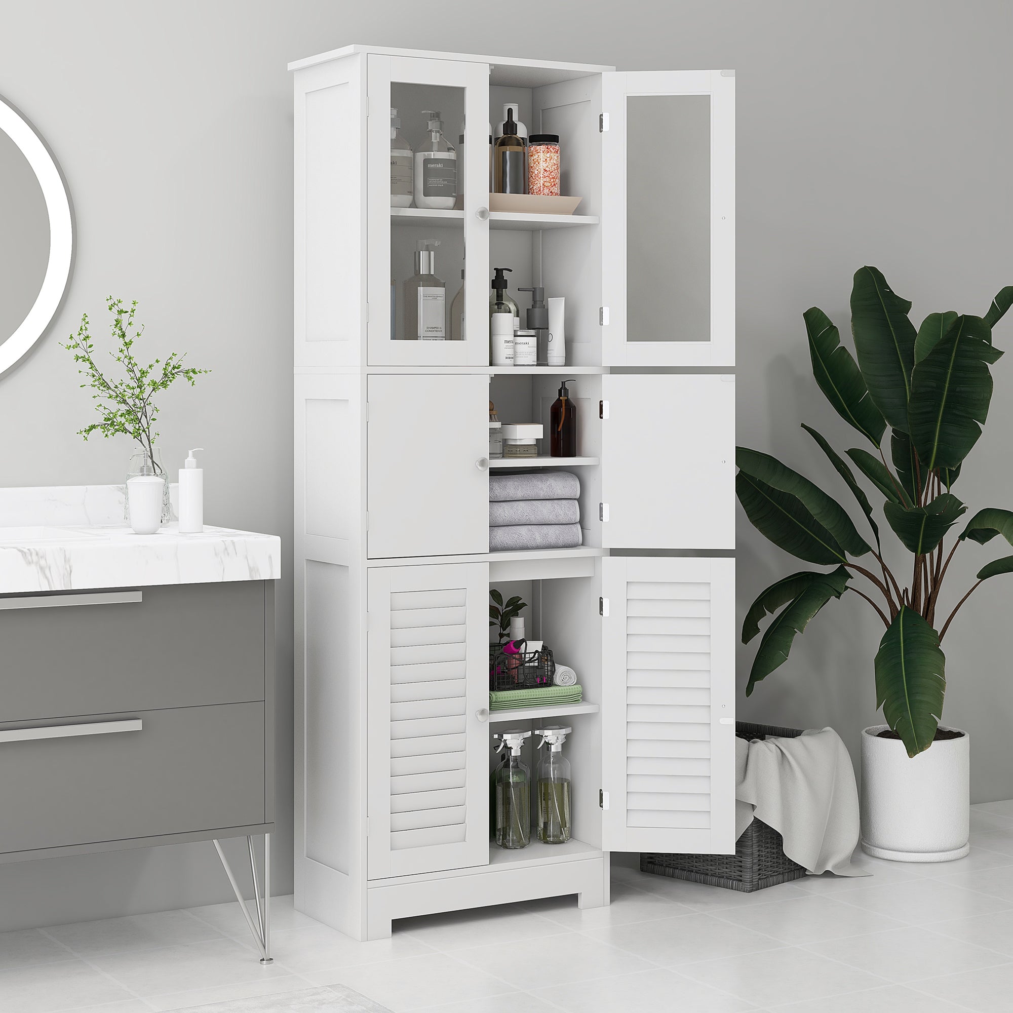 Bathroom Column Auxiliary Bathroom Furniture with 6 Doors Adjustable Shelves Anti-tip Modern Bathroom Cabinet 60x30x170.5 cm White