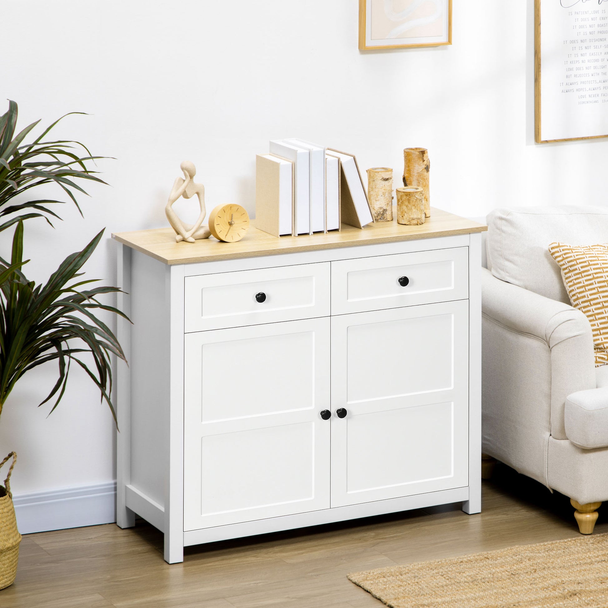 Buffet Storage Cabinet for Living Room, Kitchen with 2 Doors, Adjustable Shelf Height 2 Drawers 100 x 40 x 85 cm White and Wood Finish