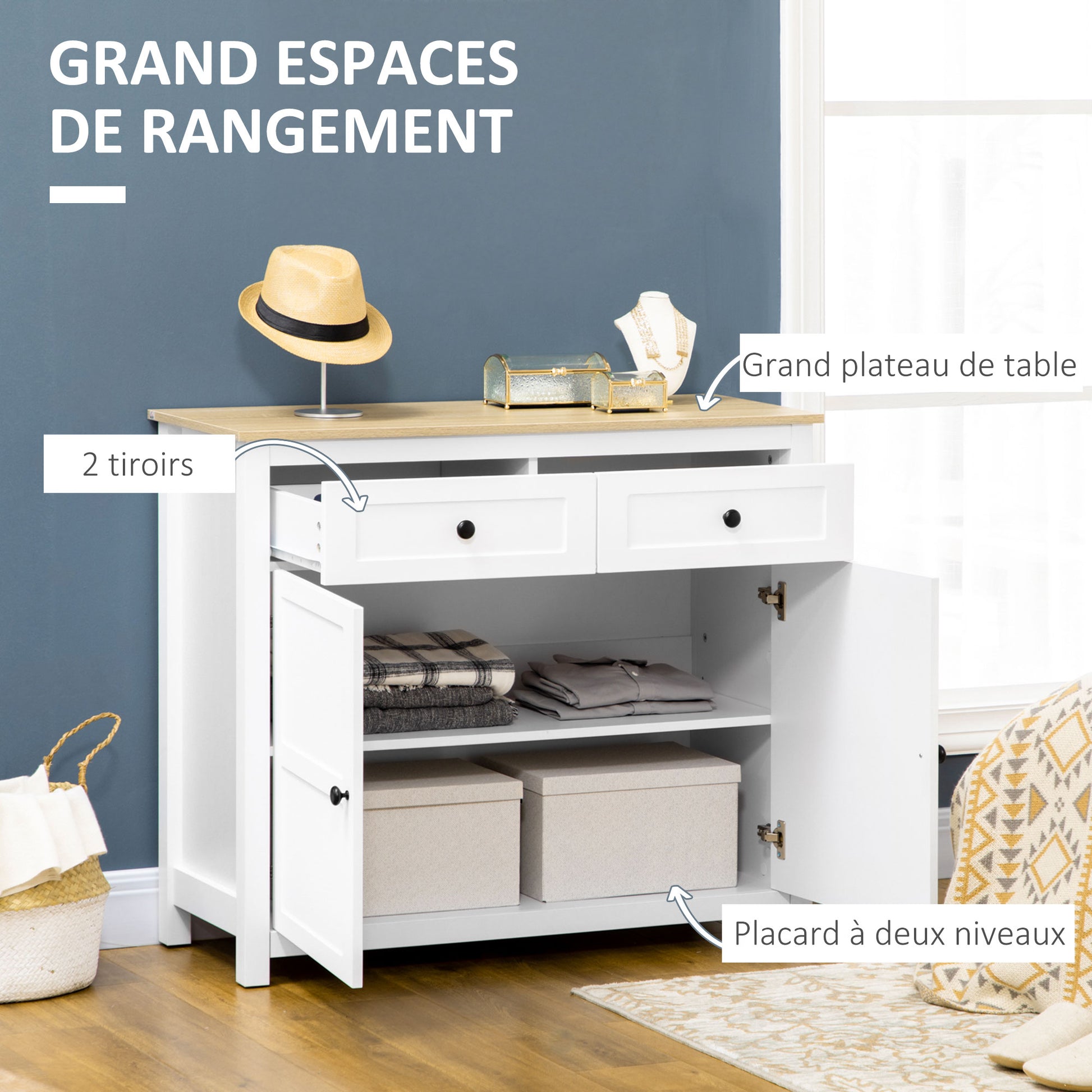 Buffet Storage Cabinet for Living Room, Kitchen with 2 Doors, Adjustable Shelf Height 2 Drawers 100 x 40 x 85 cm White and Wood Finish