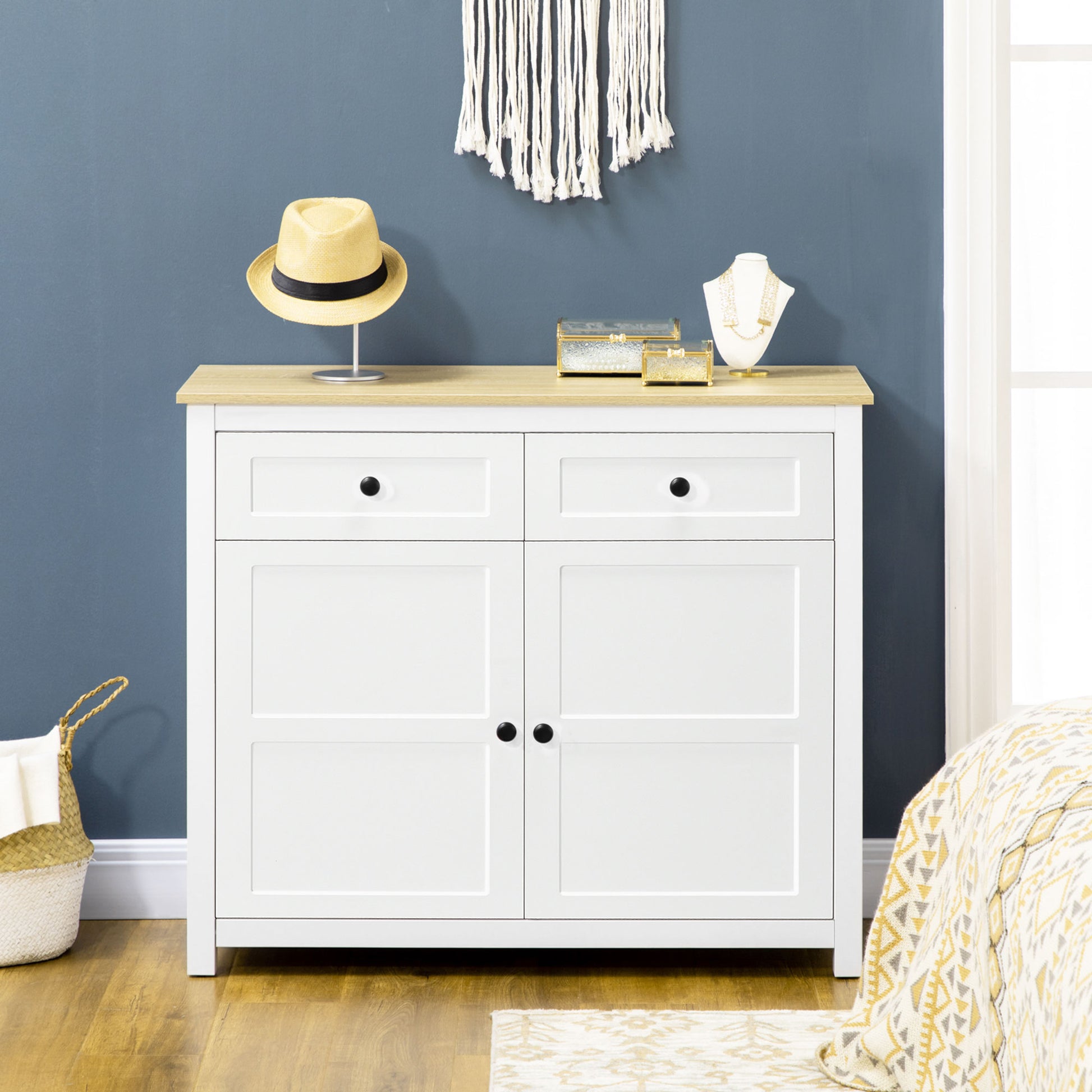 Buffet Storage Cabinet for Living Room, Kitchen with 2 Doors, Adjustable Shelf Height 2 Drawers 100 x 40 x 85 cm White and Wood Finish