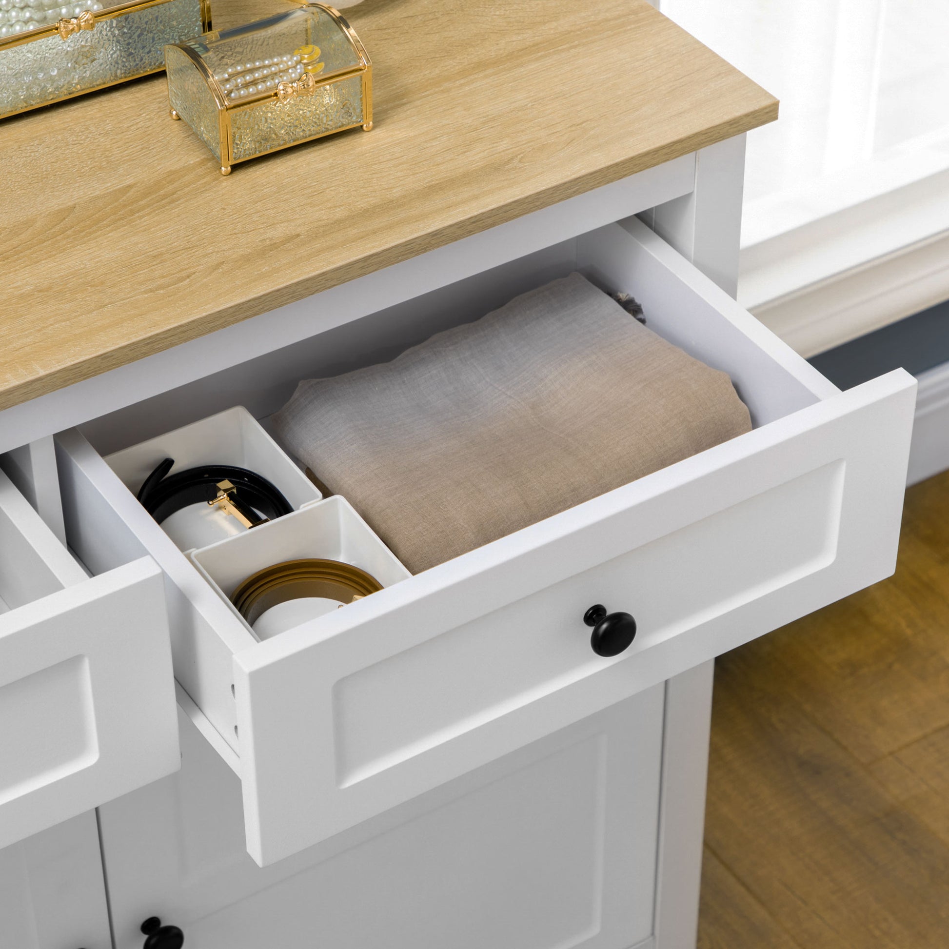Buffet Storage Cabinet for Living Room, Kitchen with 2 Doors, Adjustable Shelf Height 2 Drawers 100 x 40 x 85 cm White and Wood Finish