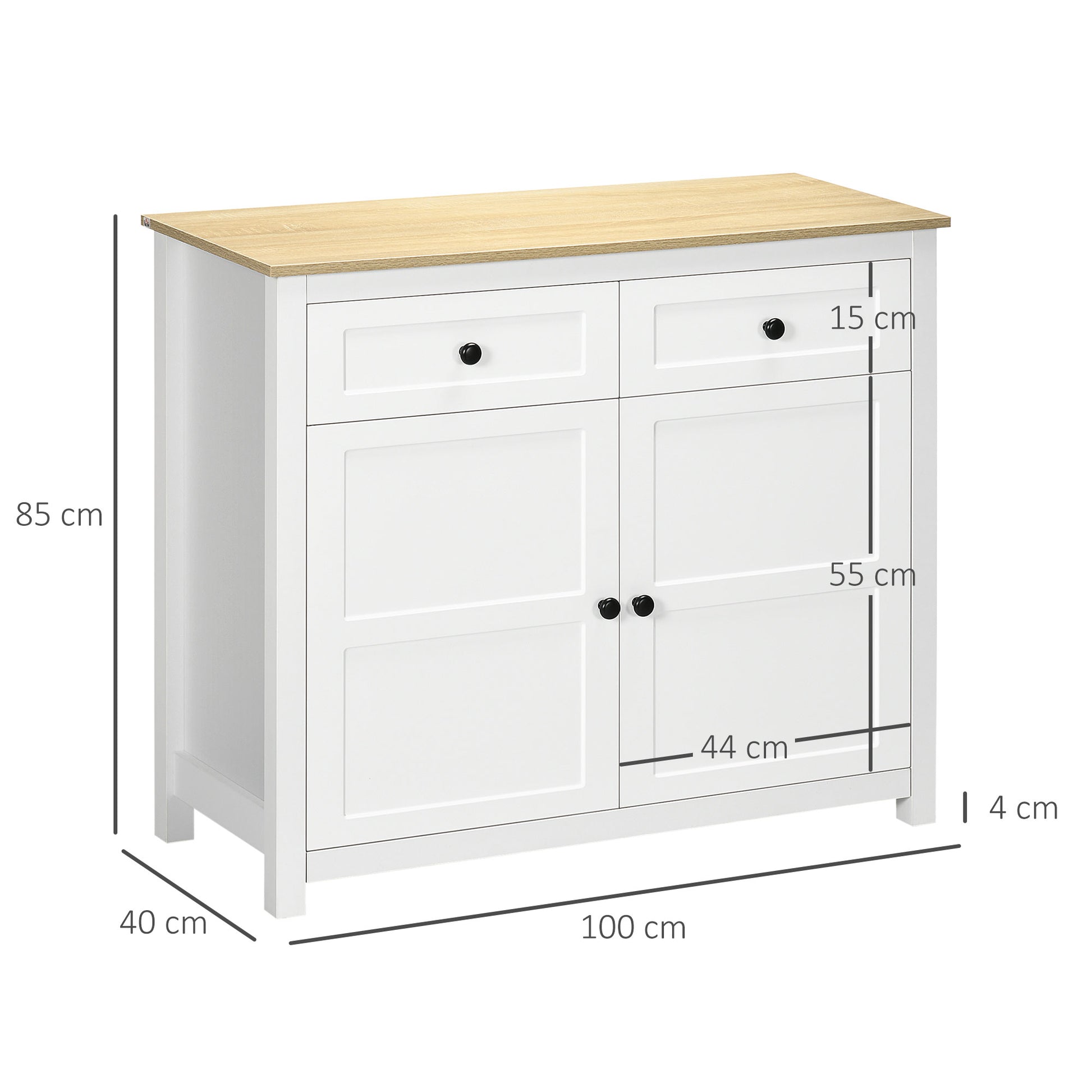 Buffet Storage Cabinet for Living Room, Kitchen with 2 Doors, Adjustable Shelf Height 2 Drawers 100 x 40 x 85 cm White and Wood Finish