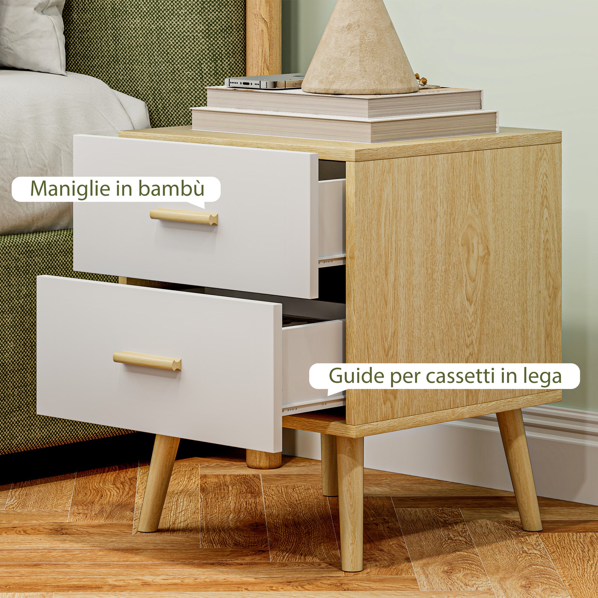 Bedside Table with 2 Drawers in Wood, Bedroom Bedside Table for Living Room, 40x40x50 cm, Oak