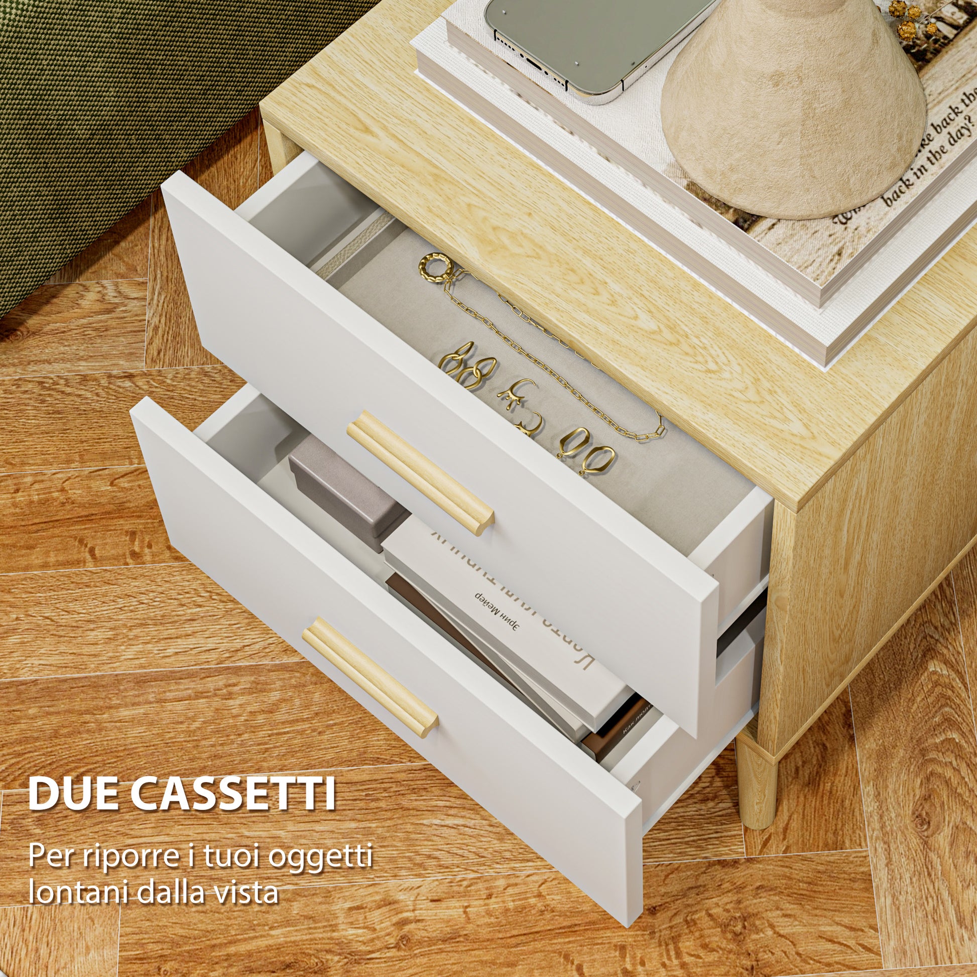 Bedside Table with 2 Drawers in Wood, Bedroom Bedside Table for Living Room, 40x40x50 cm, Oak