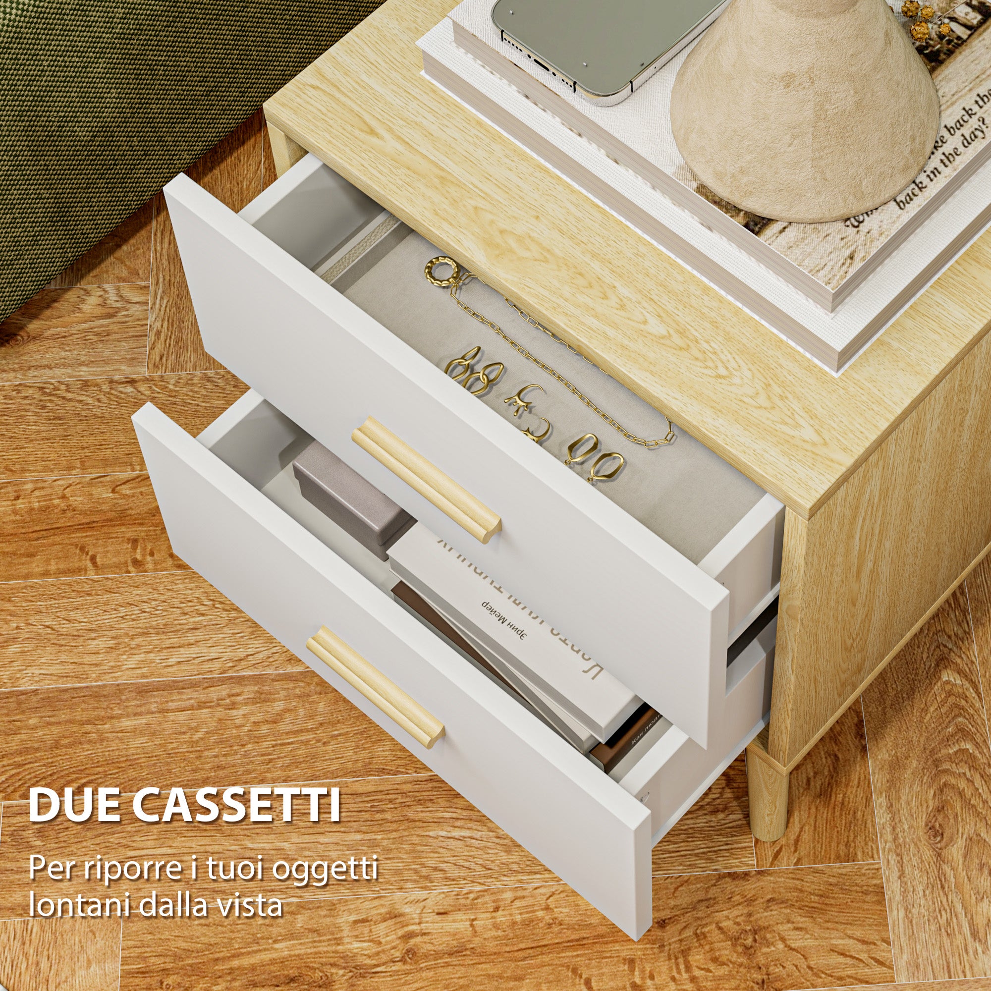 Bedside Table with 2 Drawers in Wood, Bedroom Bedside Table for Living Room, 40x40x50 cm, Oak
