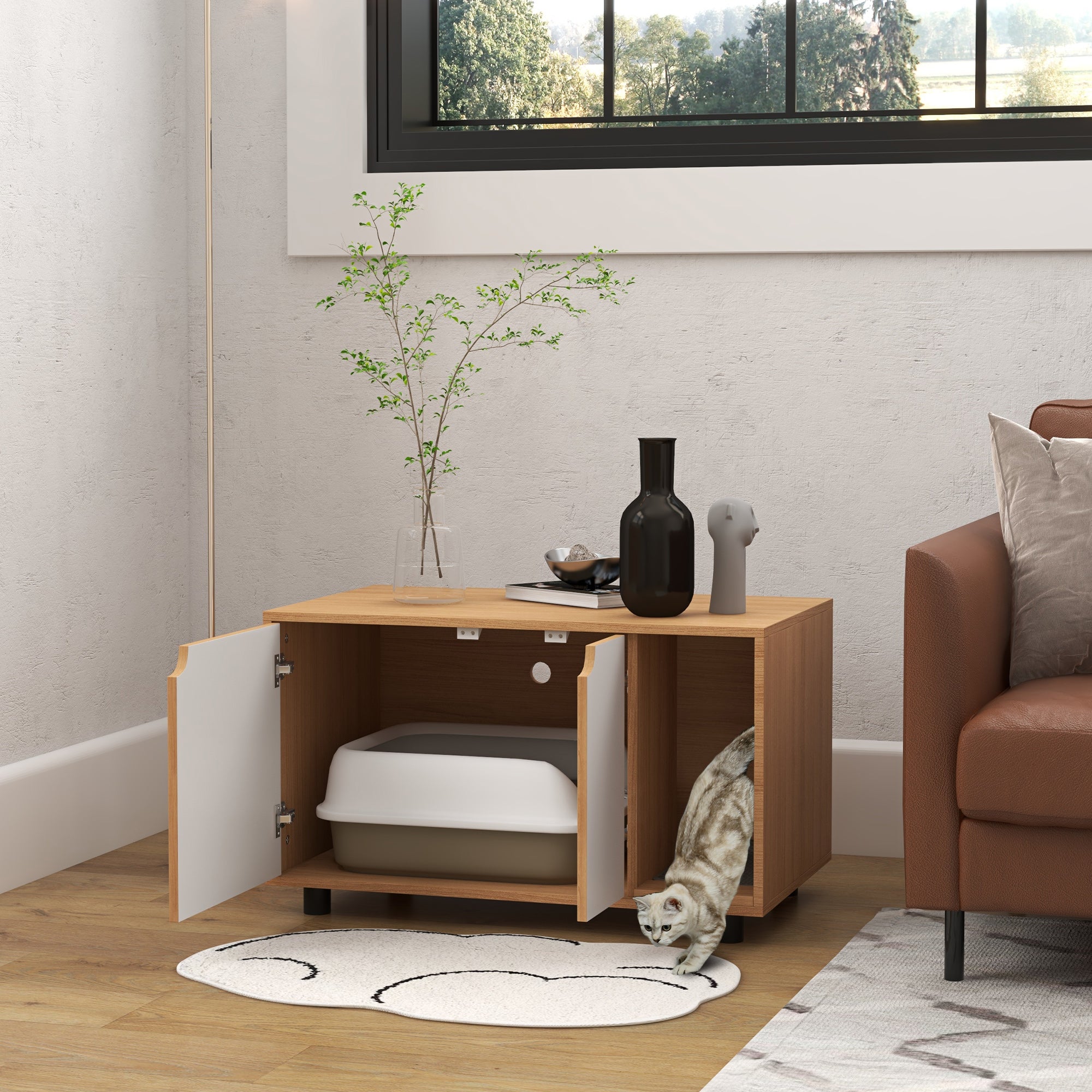 Cat Litter House, Hidden Litter Box Cabinet, Doors, Scandinavian Style, Pet Side Table, 2 Air Vents, Sand Leak Mat, Natural and White