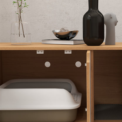 Cat Litter House, Hidden Litter Box Cabinet, Doors, Scandinavian Style, Pet Side Table, 2 Air Vents, Sand Leak Mat, Natural and White