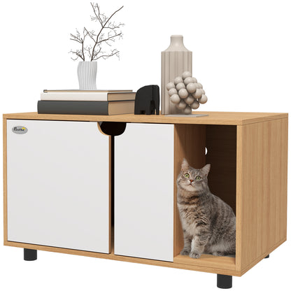 Cat Litter House, Hidden Litter Box Cabinet, Doors, Scandinavian Style, Pet Side Table, 2 Air Vents, Sand Leak Mat, Natural and White