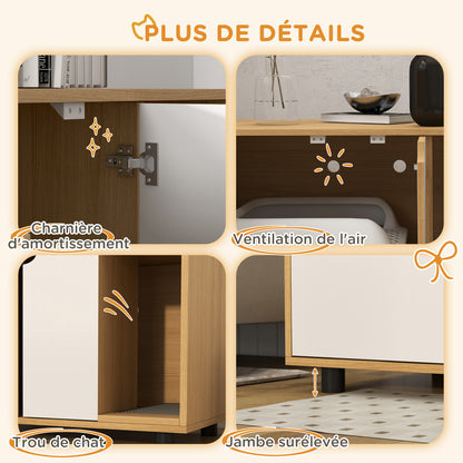 Cat Litter House, Hidden Litter Box Cabinet, Doors, Scandinavian Style, Pet Side Table, 2 Air Vents, Sand Leak Mat, Natural and White