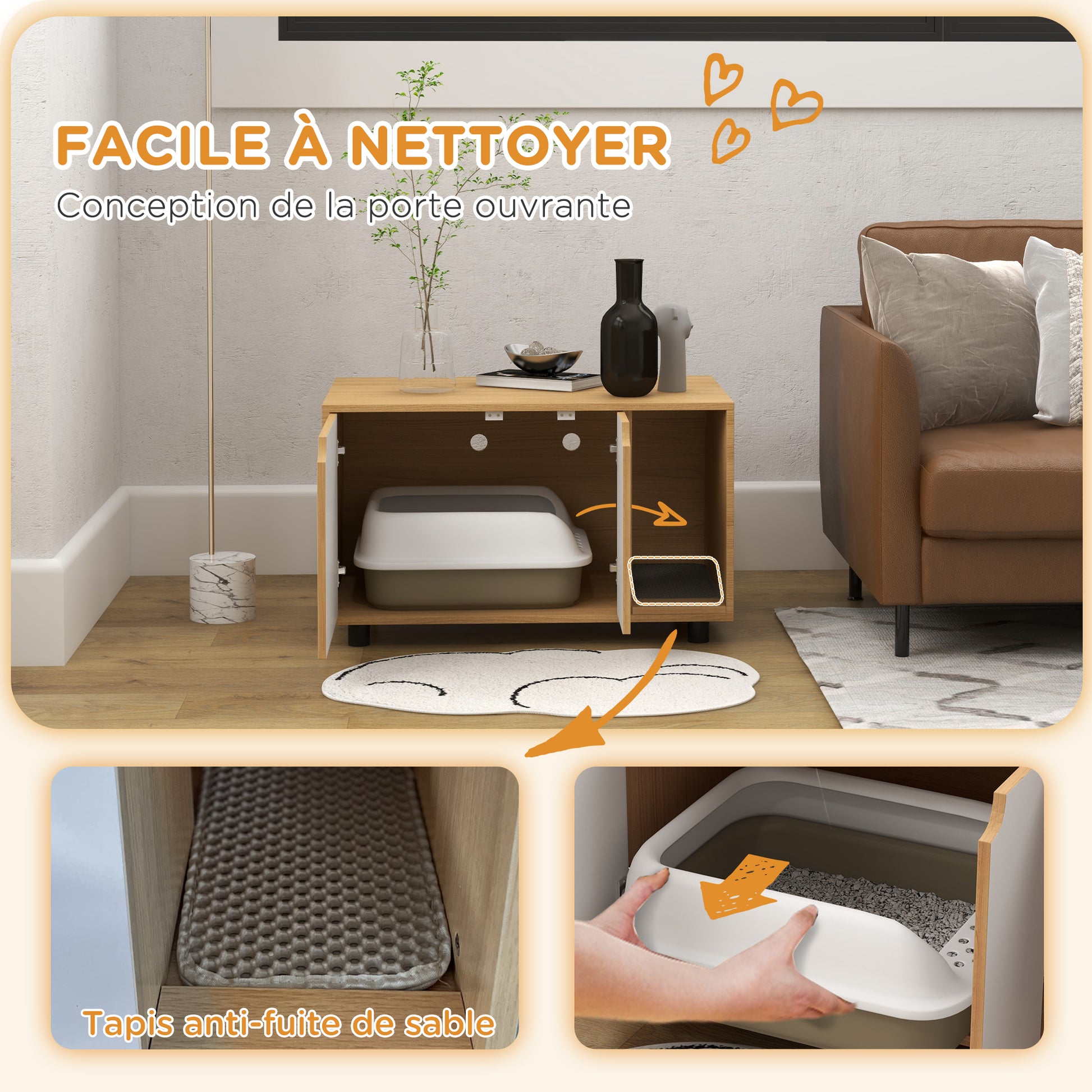 Cat Litter House, Hidden Litter Box Cabinet, Doors, Scandinavian Style, Pet Side Table, 2 Air Vents, Sand Leak Mat, Natural and White