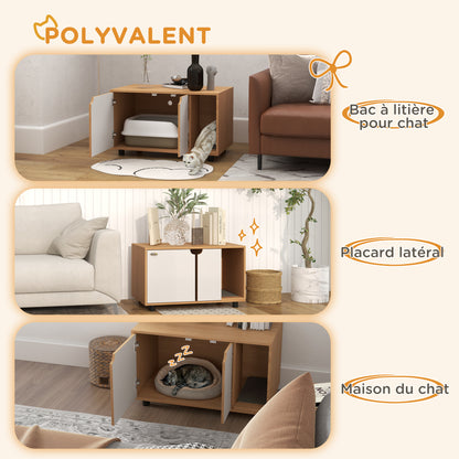 Cat Litter House, Hidden Litter Box Cabinet, Doors, Scandinavian Style, Pet Side Table, 2 Air Vents, Sand Leak Mat, Natural and White