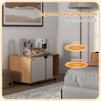 Cat Litter House, Hidden Litter Box Cabinet, Doors, Scandinavian Style, Pet Side Table, 2 Air Vents, Sand Leak Mat, Natural and White