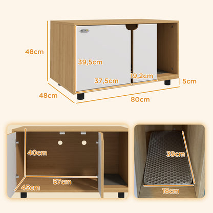 Cat Litter House, Hidden Litter Box Cabinet, Doors, Scandinavian Style, Pet Side Table, 2 Air Vents, Sand Leak Mat, Natural and White