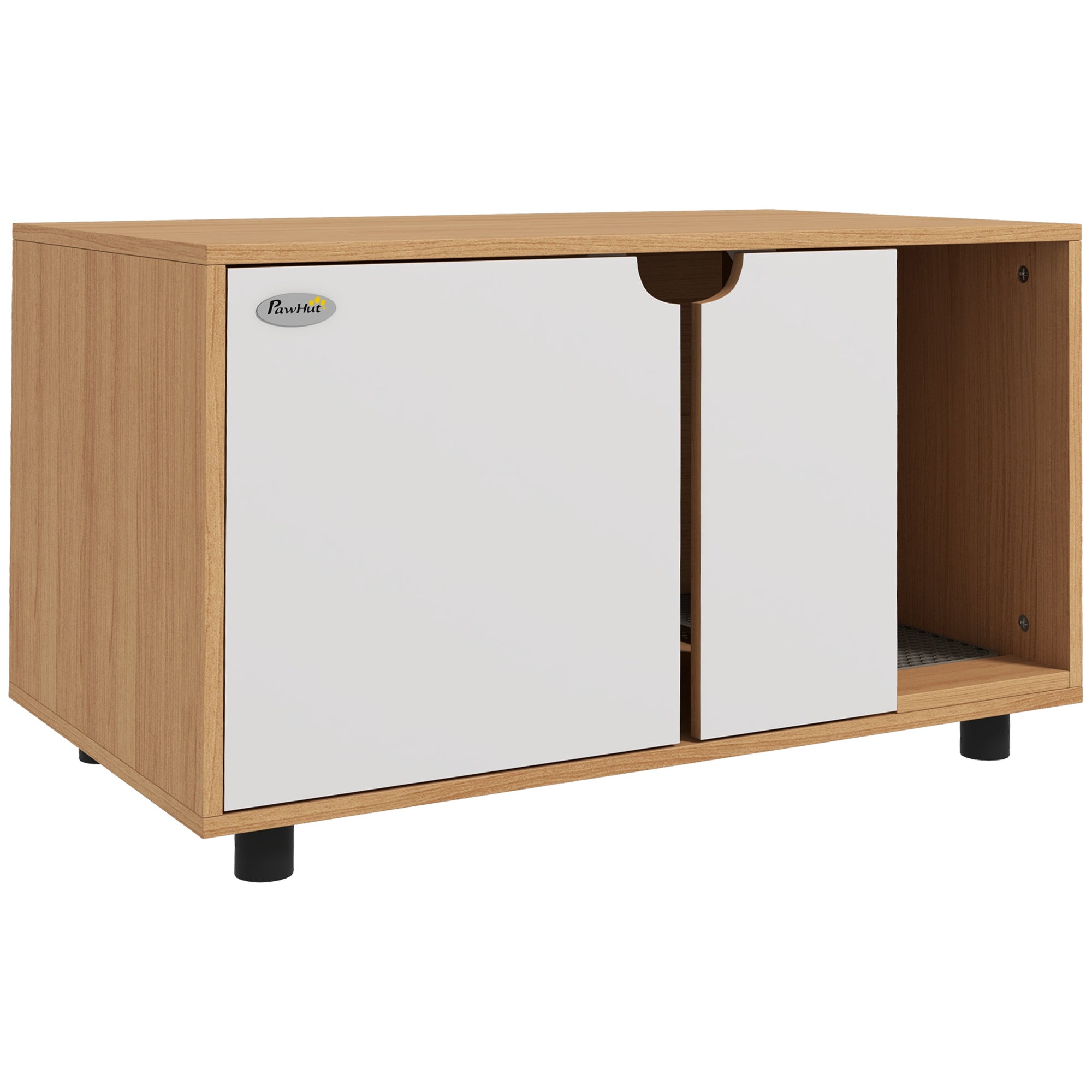 Cat Litter House, Hidden Litter Box Cabinet, Doors, Scandinavian Style, Pet Side Table, 2 Air Vents, Sand Leak Mat, Natural and White