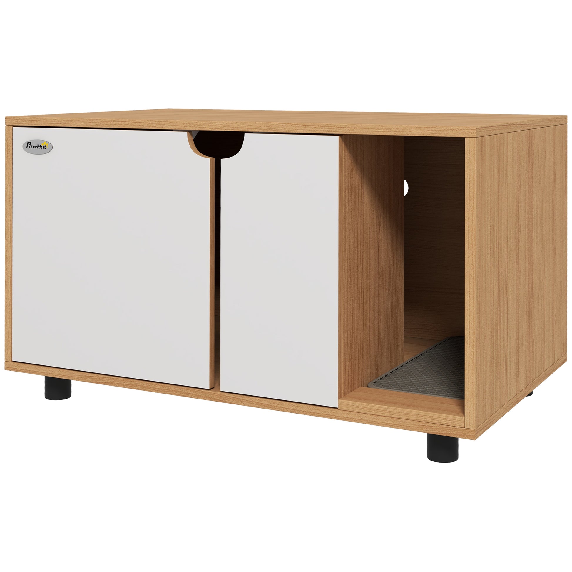 Cat Litter House, Hidden Litter Box Cabinet, Doors, Scandinavian Style, Pet Side Table, 2 Air Vents, Sand Leak Mat, Natural and White
