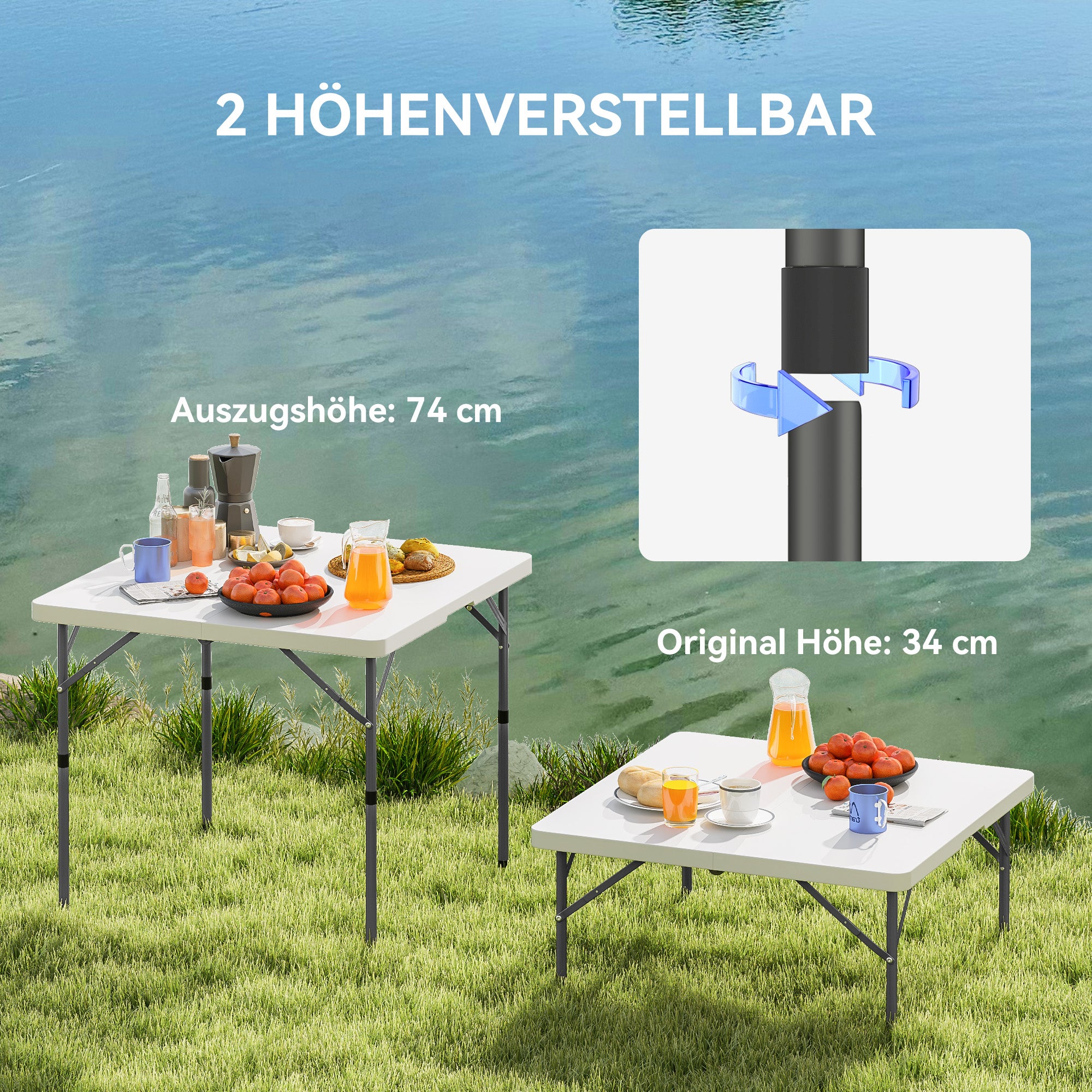 Folding Camping Table Adjustable Height Multifunctional Table Lightweight Side Table for Garden Terrace Balcony Camping Picnic 86 x 86 cm White