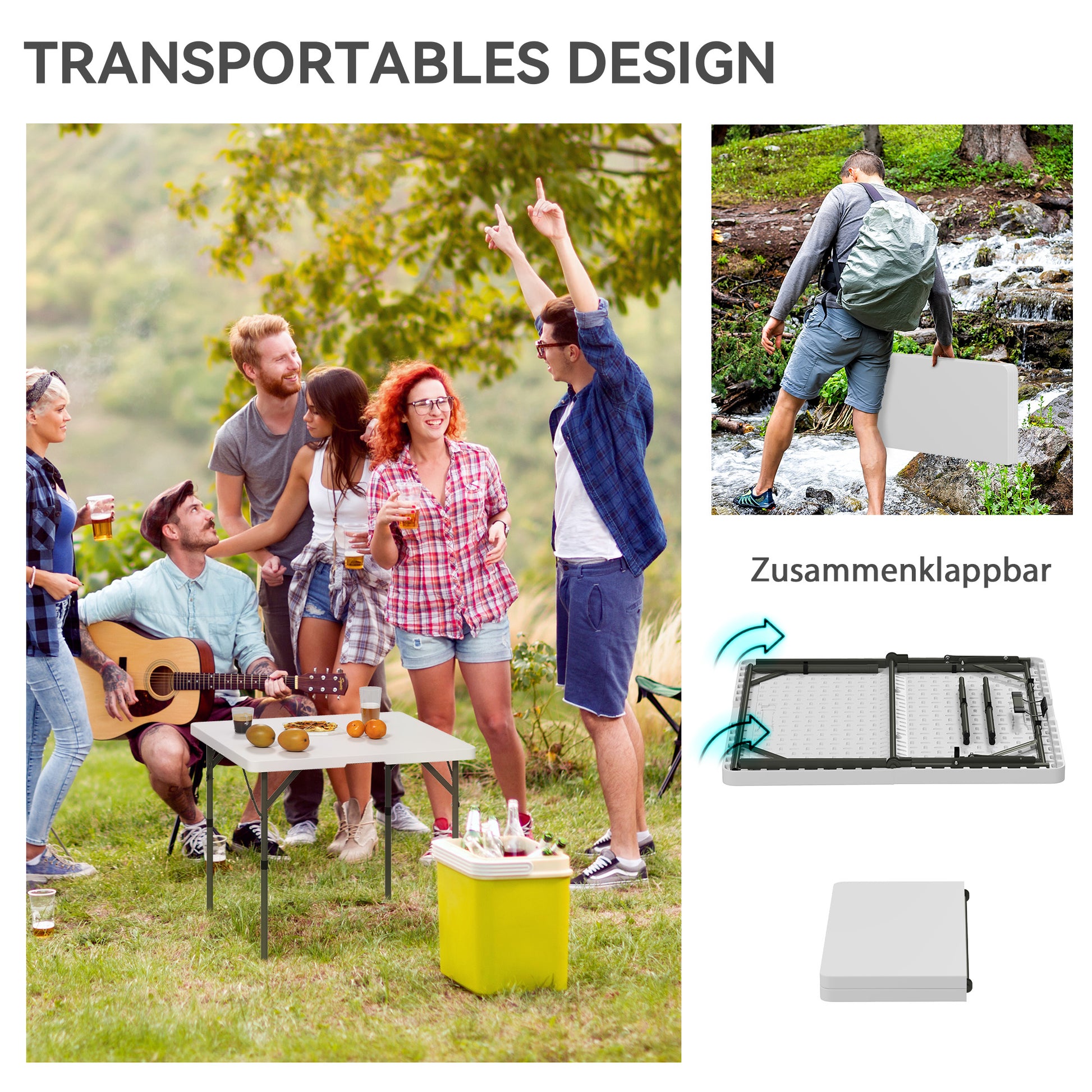 Folding Camping Table Adjustable Height Multifunctional Table Lightweight Side Table for Garden Terrace Balcony Camping Picnic 86 x 86 cm White