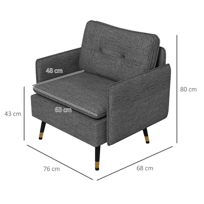 Scandinavian armchair with tufted backrest and piping in gray fabric 76 x 68 x 80 cm - black and gold metal legs