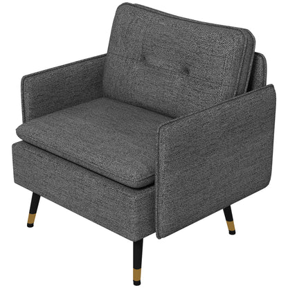 Scandinavian armchair with tufted backrest and piping in gray fabric 76 x 68 x 80 cm - black and gold metal legs