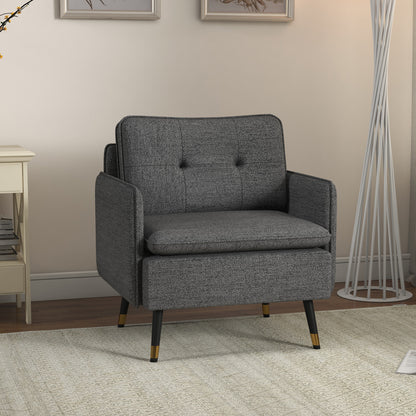 Scandinavian armchair with tufted backrest and piping in gray fabric 76 x 68 x 80 cm - black and gold metal legs