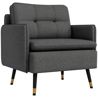 Scandinavian armchair with tufted backrest and piping in gray fabric 76 x 68 x 80 cm - black and gold metal legs