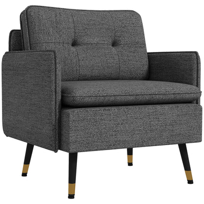 Scandinavian armchair with tufted backrest and piping in gray fabric 76 x 68 x 80 cm - black and gold metal legs