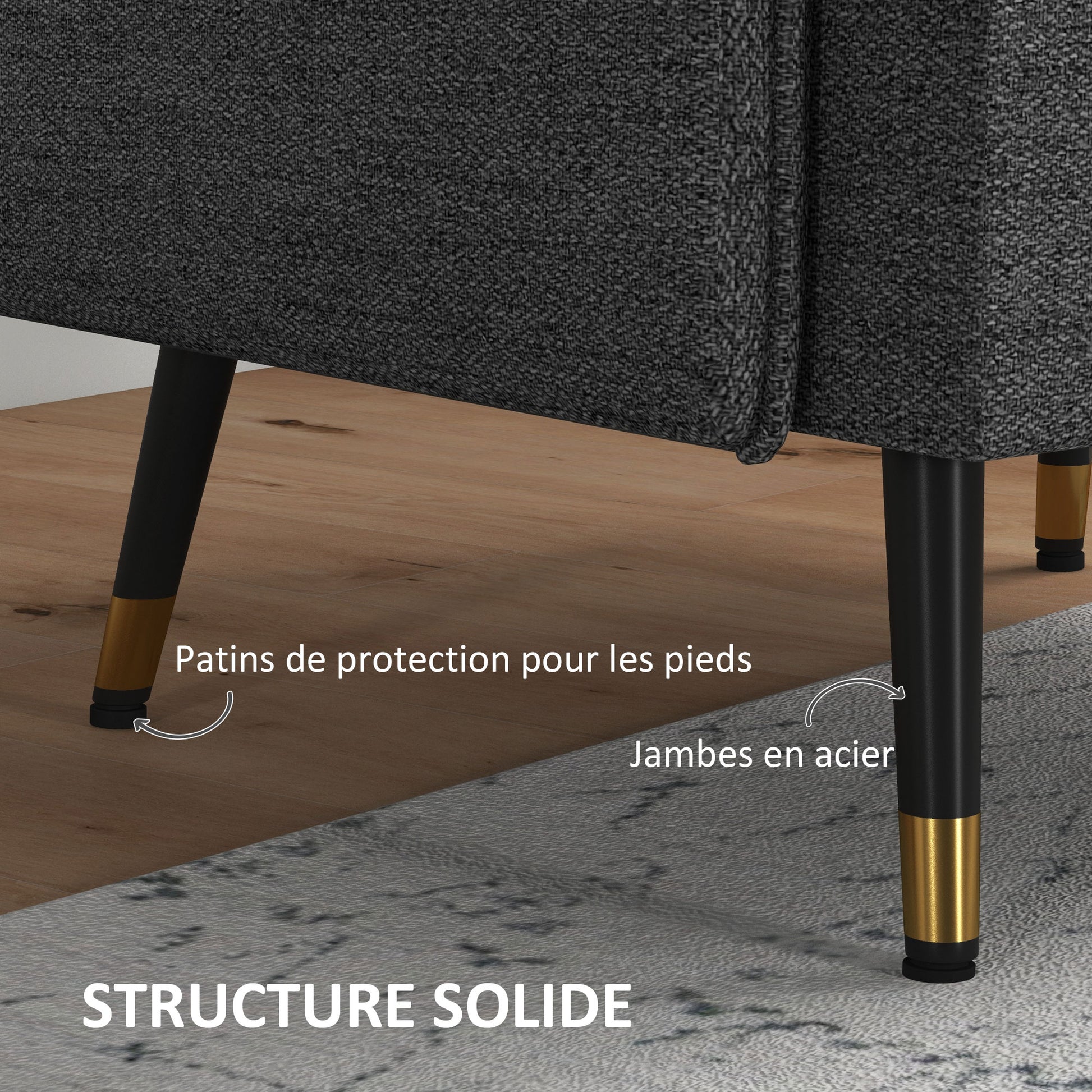 Scandinavian armchair with tufted backrest and piping in gray fabric 76 x 68 x 80 cm - black and gold metal legs