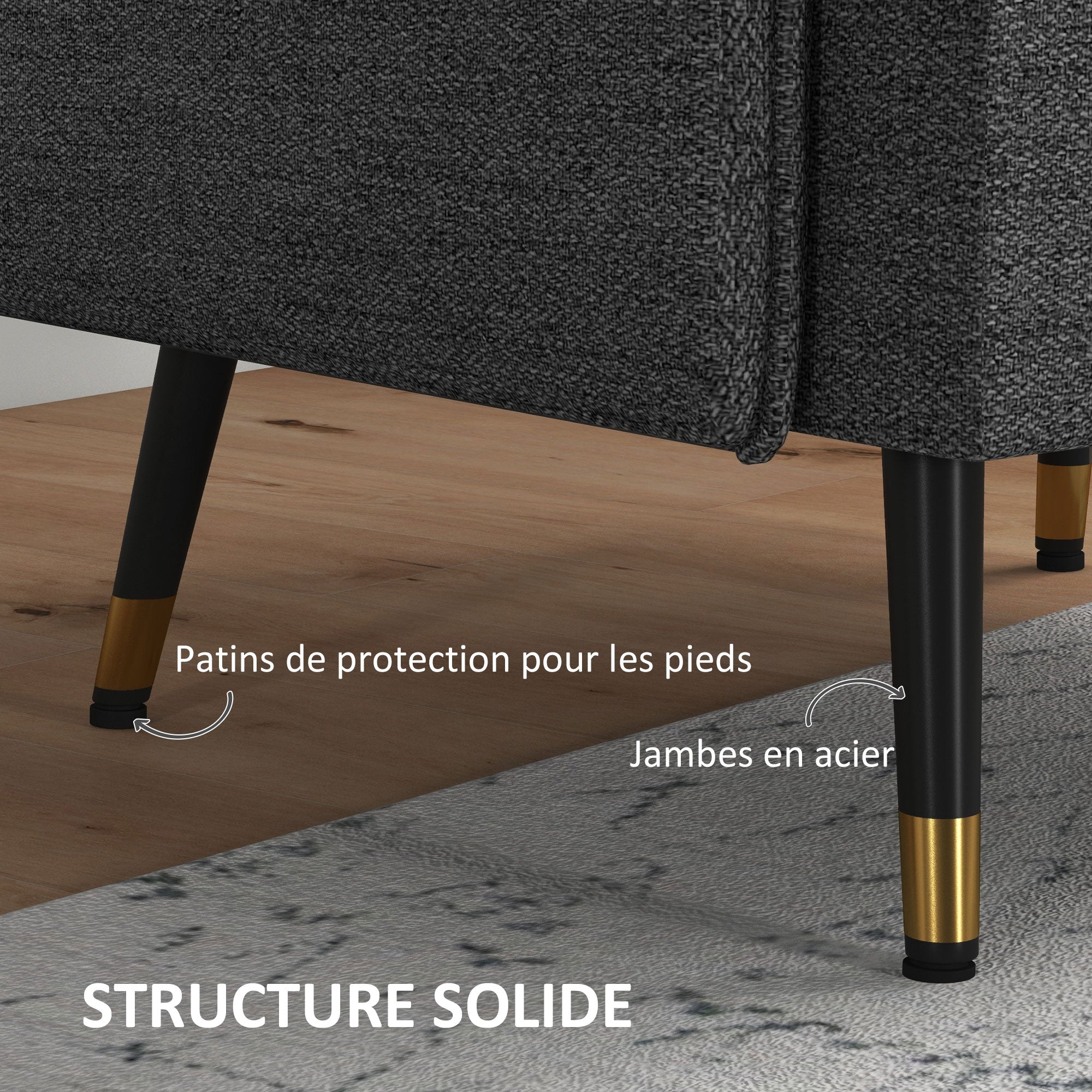 Scandinavian armchair with tufted backrest and piping in gray fabric 76 x 68 x 80 cm - black and gold metal legs