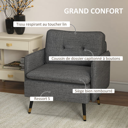 Scandinavian armchair with tufted backrest and piping in gray fabric 76 x 68 x 80 cm - black and gold metal legs